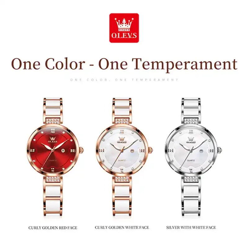 Olevs Red Dial White Ceramic Ladies Watch- 5589